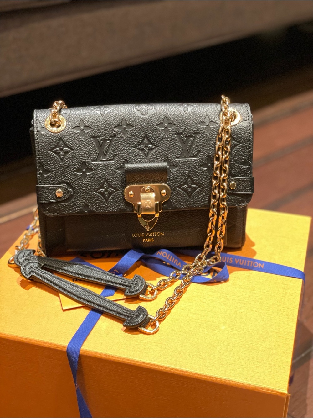 Louis Vuitton Black Monogram Embossed Leather Chain Crossbody